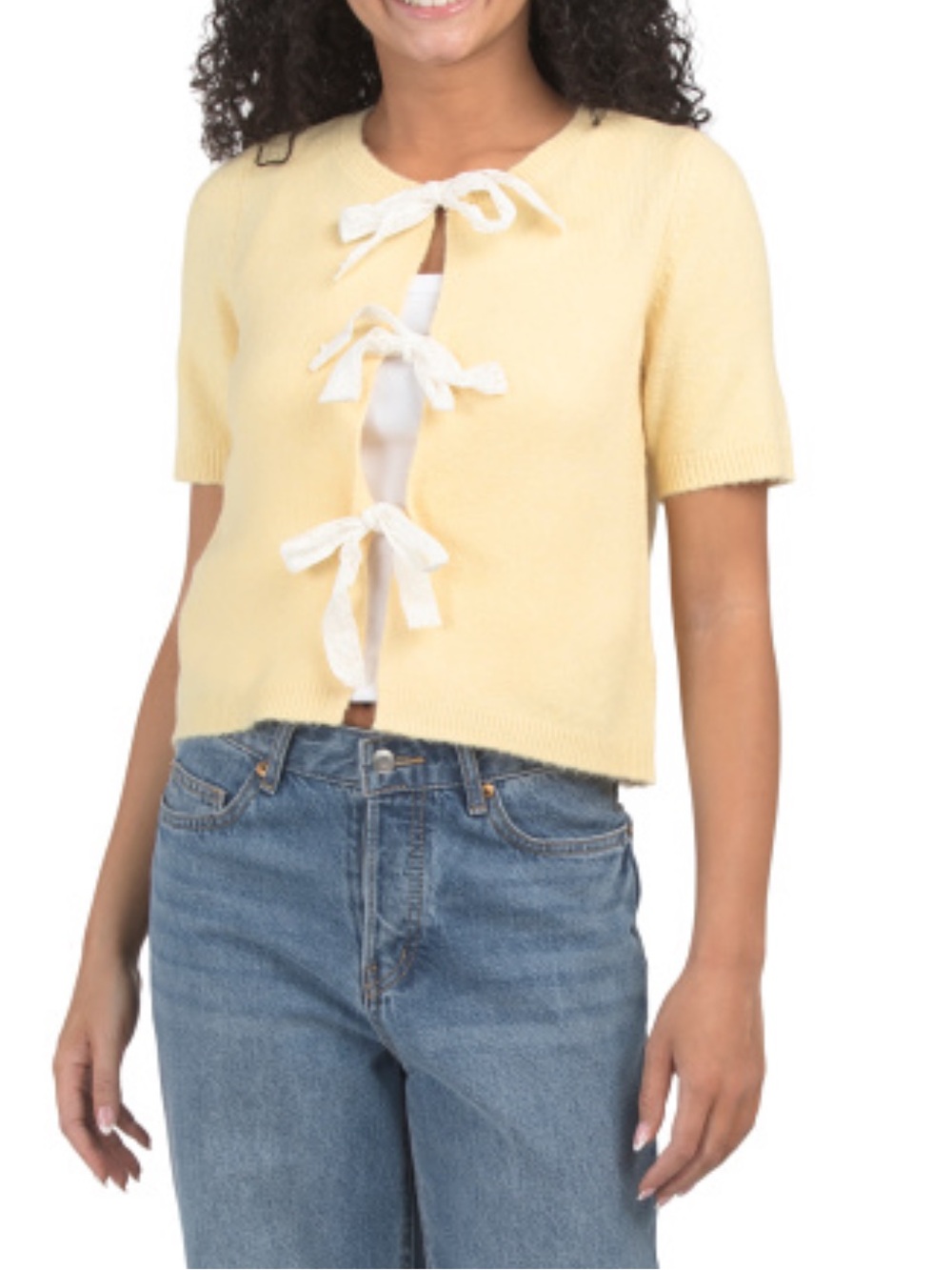 BELLDINI Crochet Bow Short Sleeve Sweater